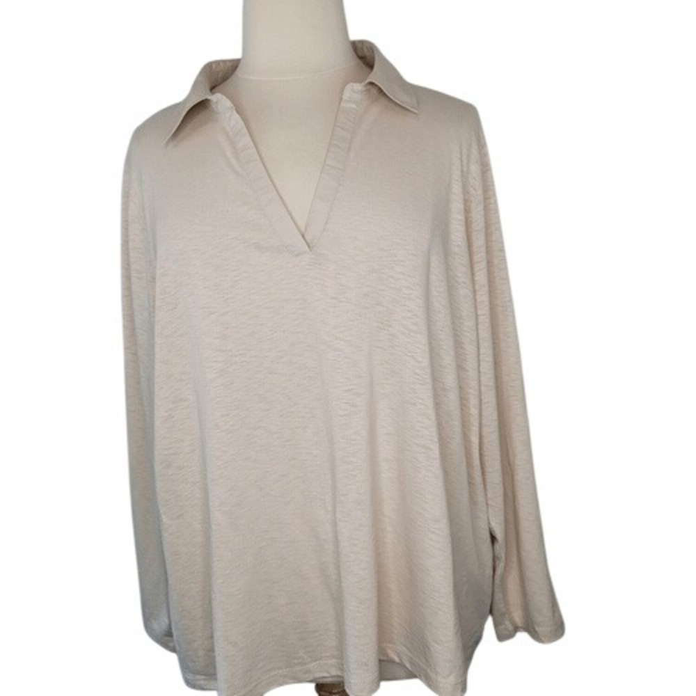 Karen Scott V-Neck Long Sleeve Collared Cream Top‎